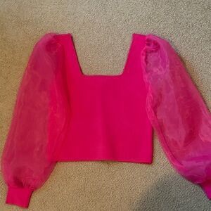 House of Harlow 1960 Vibrant Pink Blouse with Sheer Sleeves
